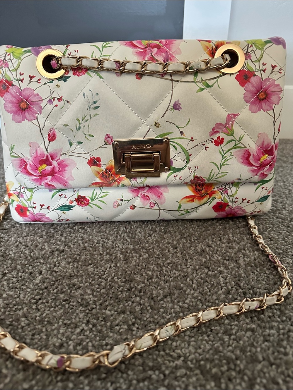 ALDO Floral Quilted Crossbody Bag in White, Pink and Green